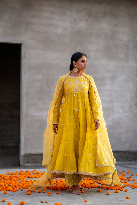 Yellow High Yoke Mul Chanderi Anaarkali with Pittan work