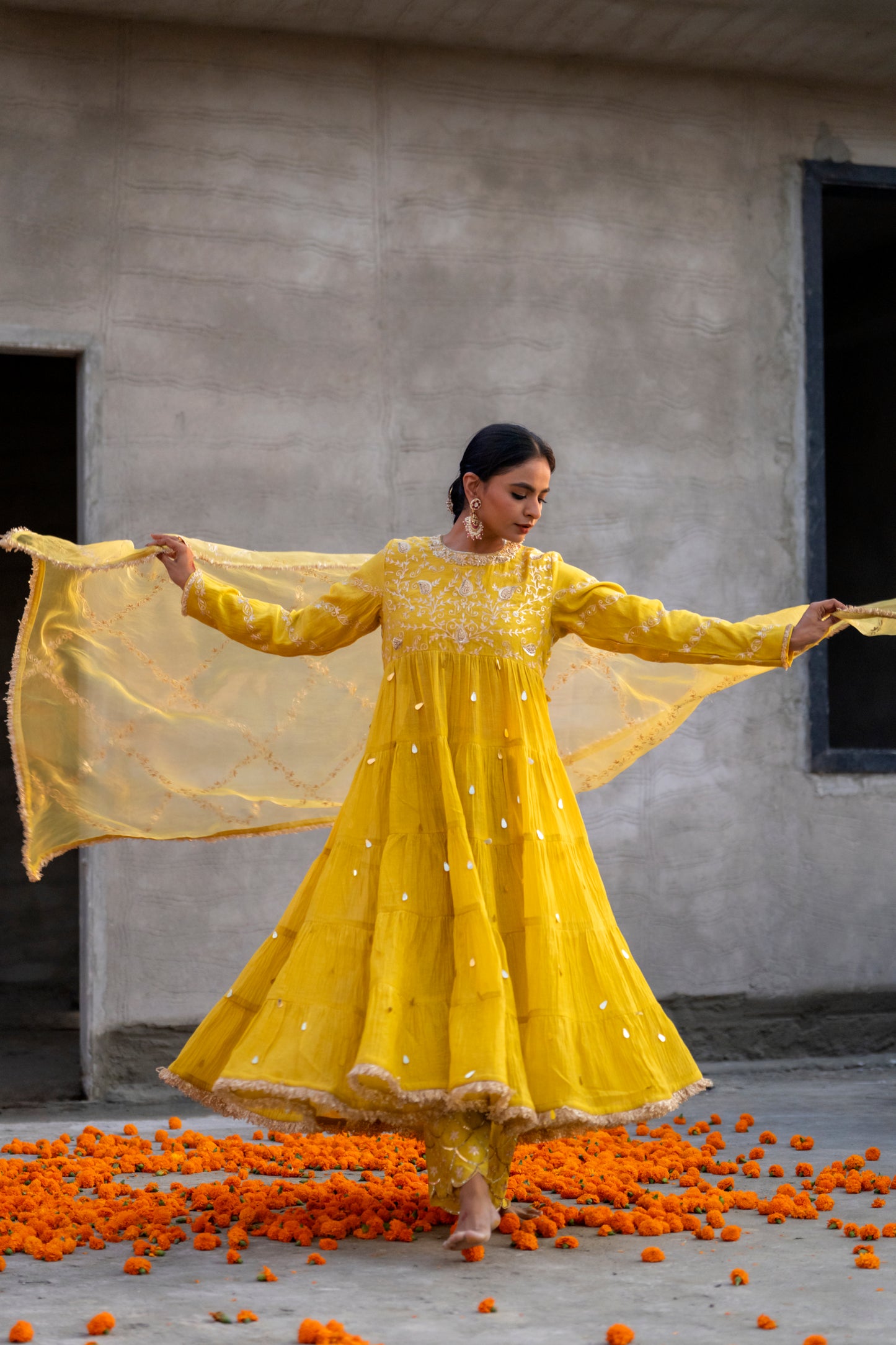 Yellow High Yoke Mul Chanderi Anaarkali with Pittan work