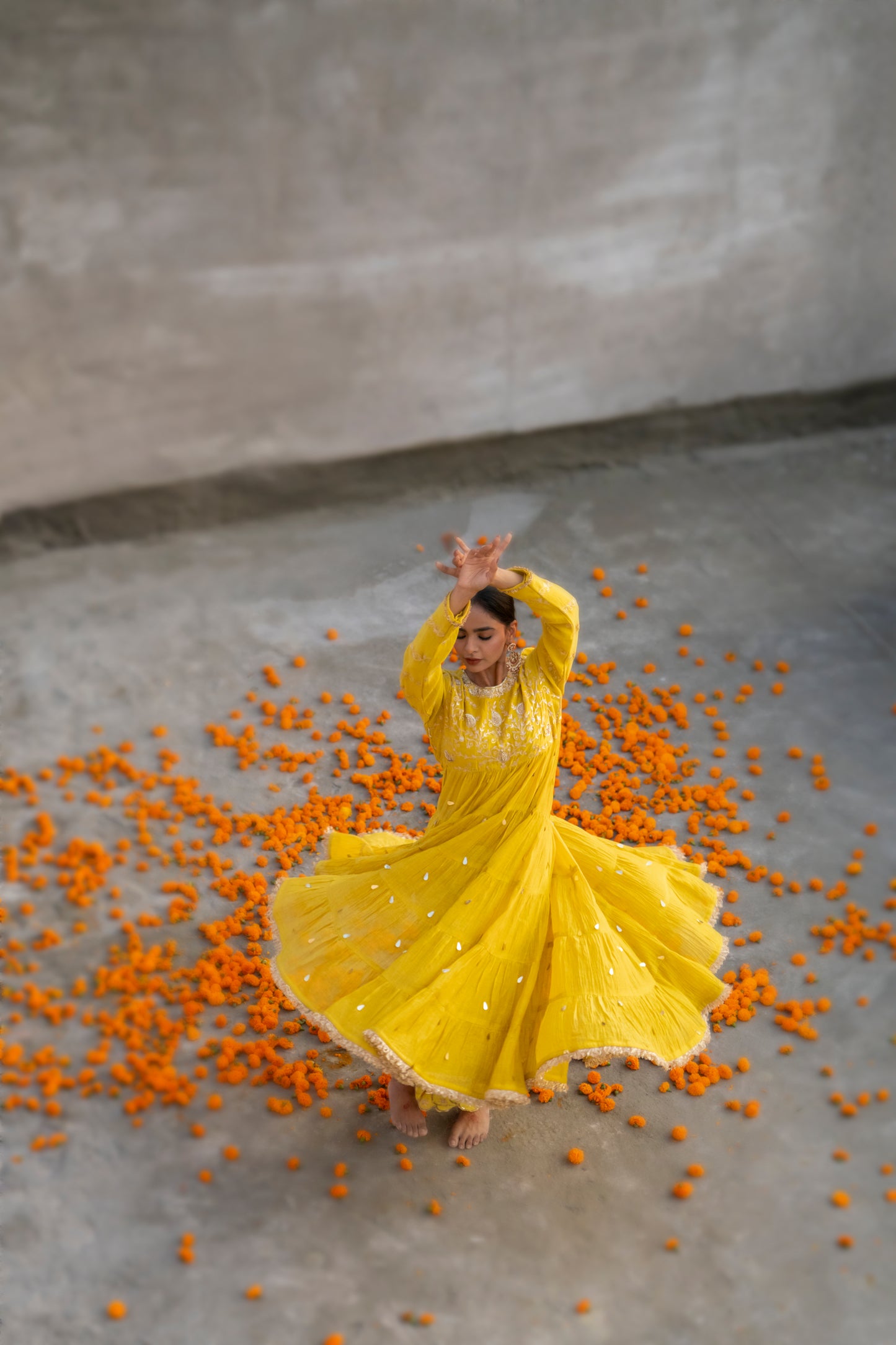 Yellow High Yoke Mul Chanderi Anaarkali with Pittan work