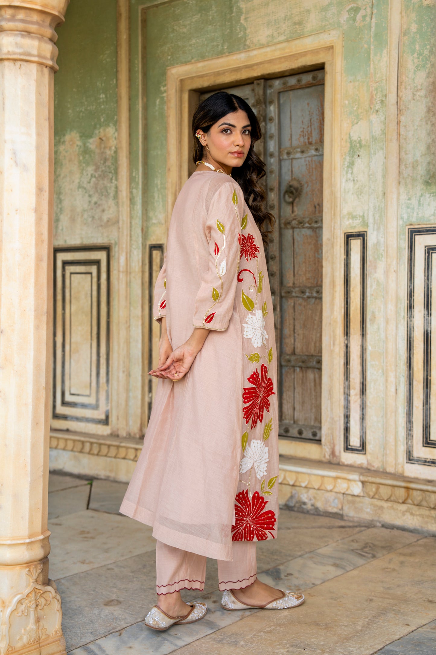 Light Pink Mul Chanderi set with Applique work