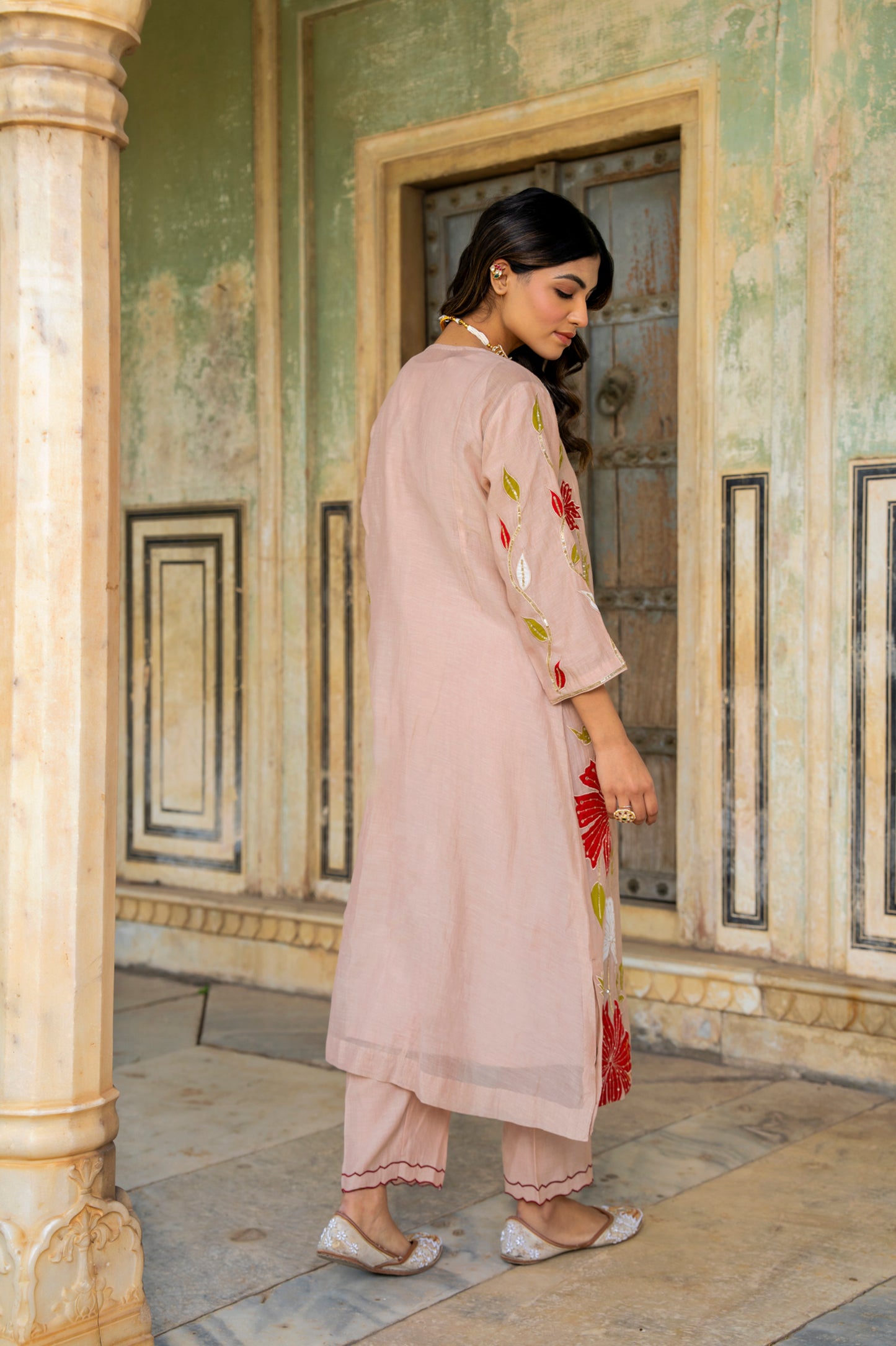 Light Pink Mul Chanderi set with Applique work