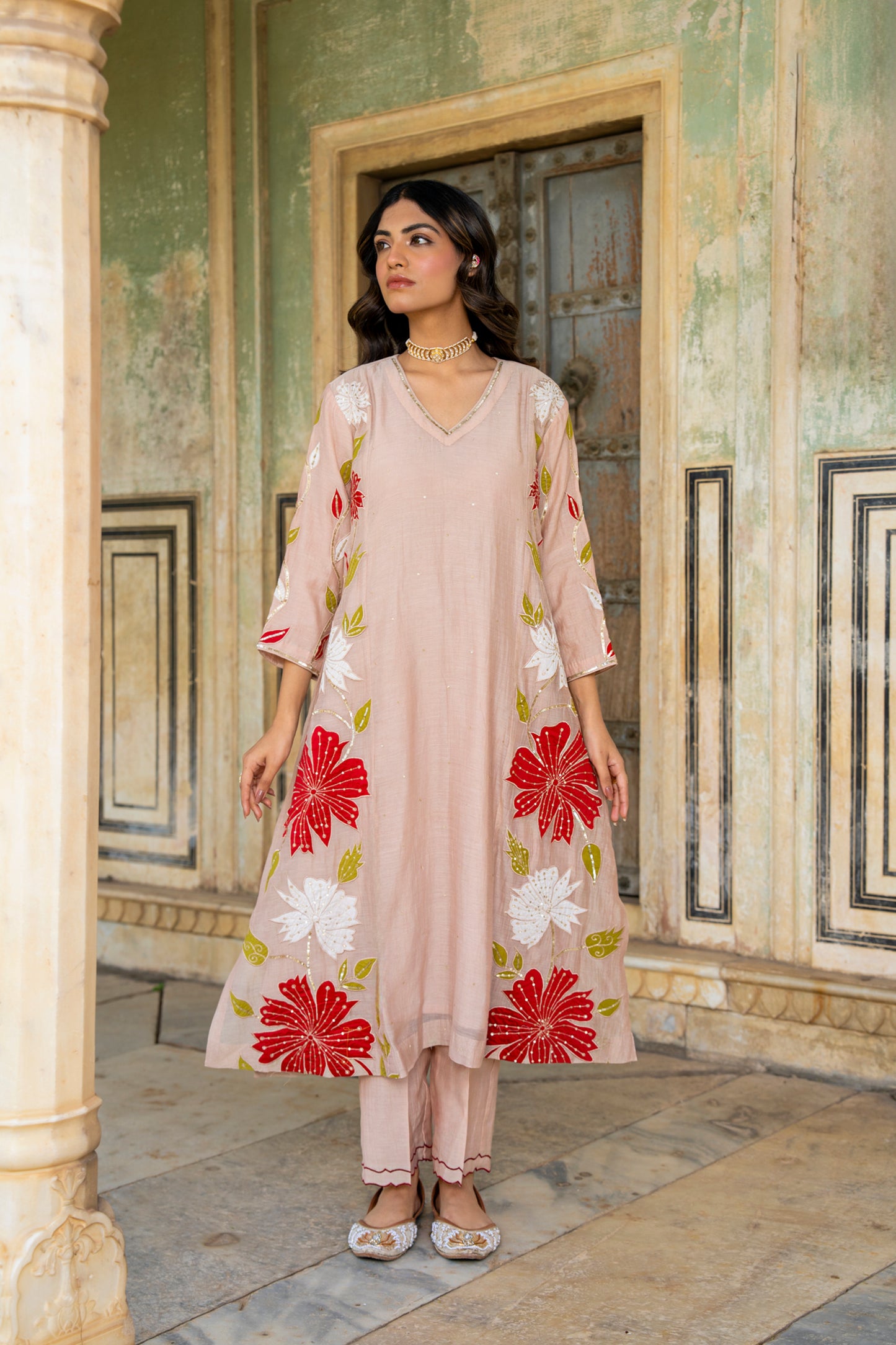 Light Pink Mul Chanderi set with Applique work