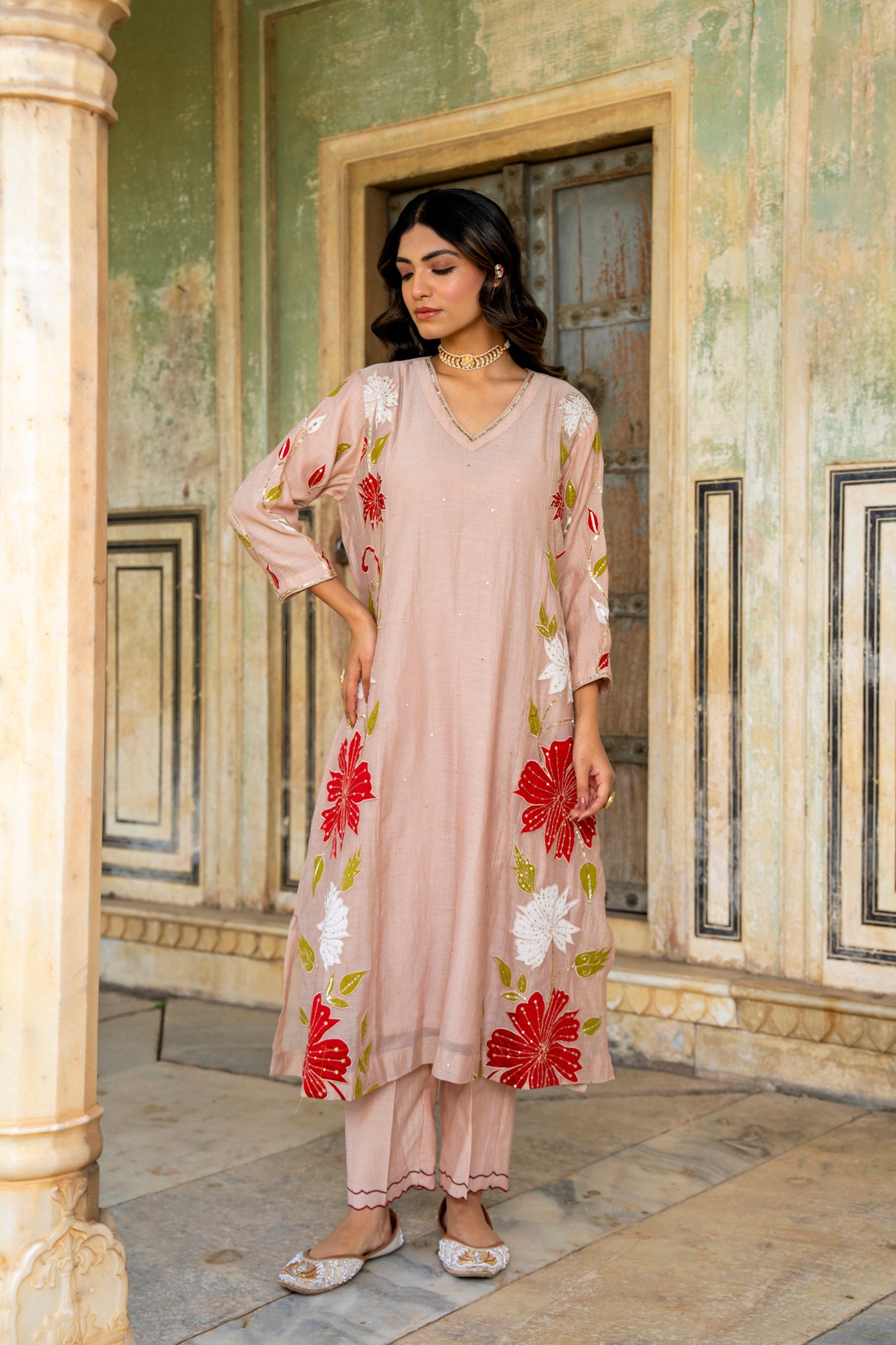 Light Pink Mul Chanderi set with Applique work