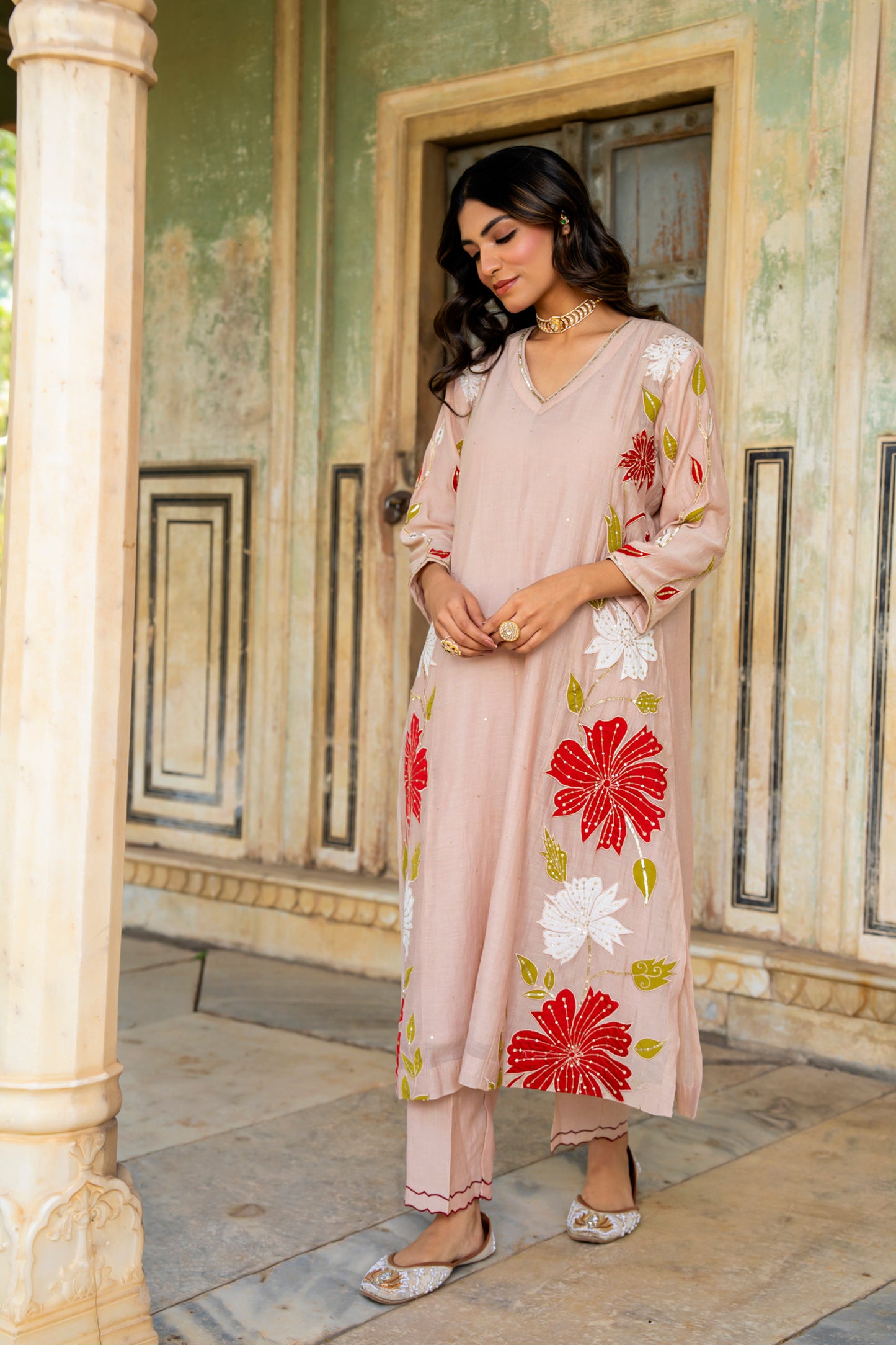 Light Pink Mul Chanderi set with Applique work
