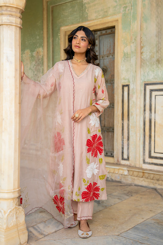 Light Pink Mul Chanderi set with Applique work