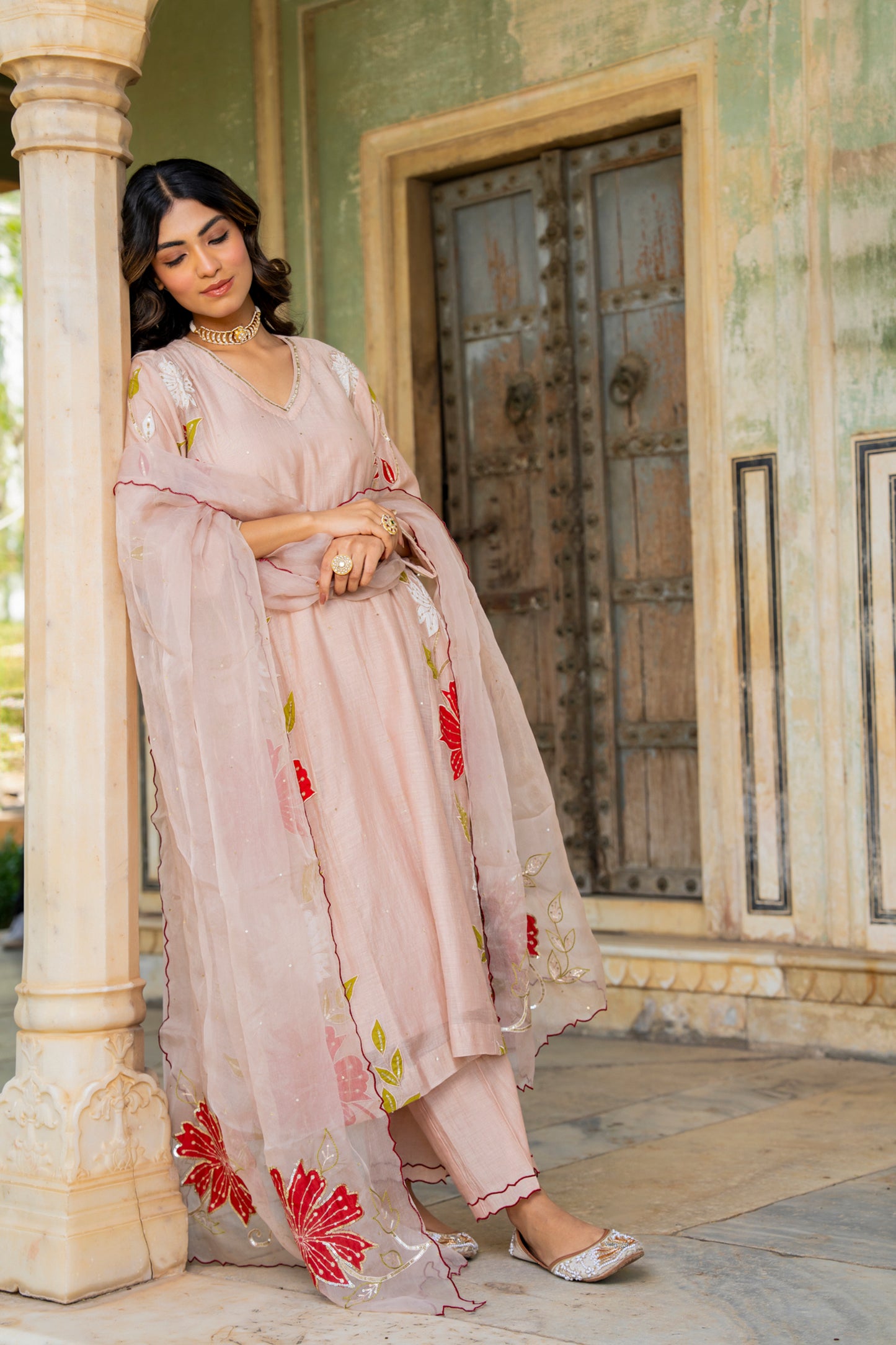 Light Pink Mul Chanderi set with Applique work