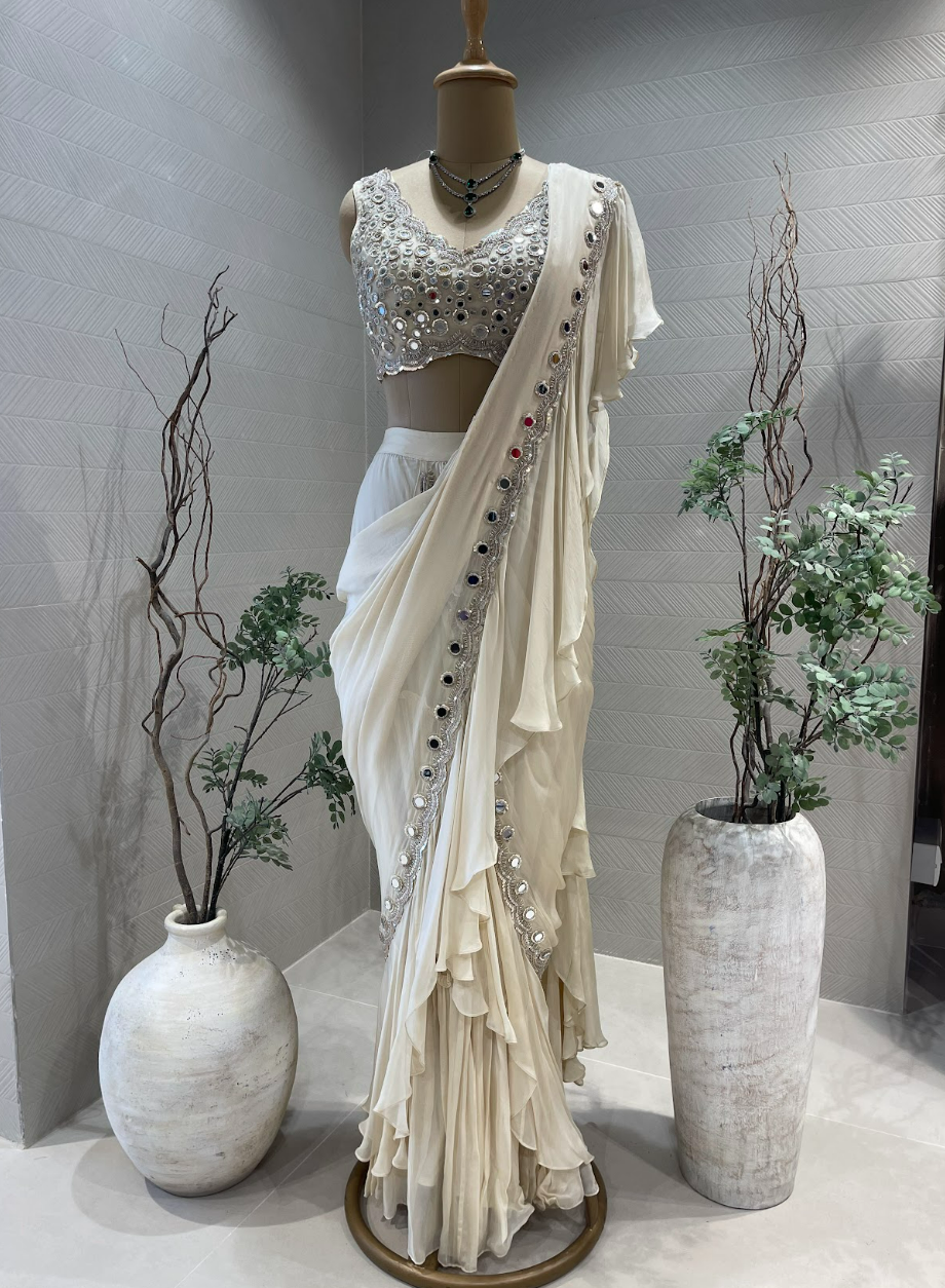 Ivory Mirror Work Ruffle Saree