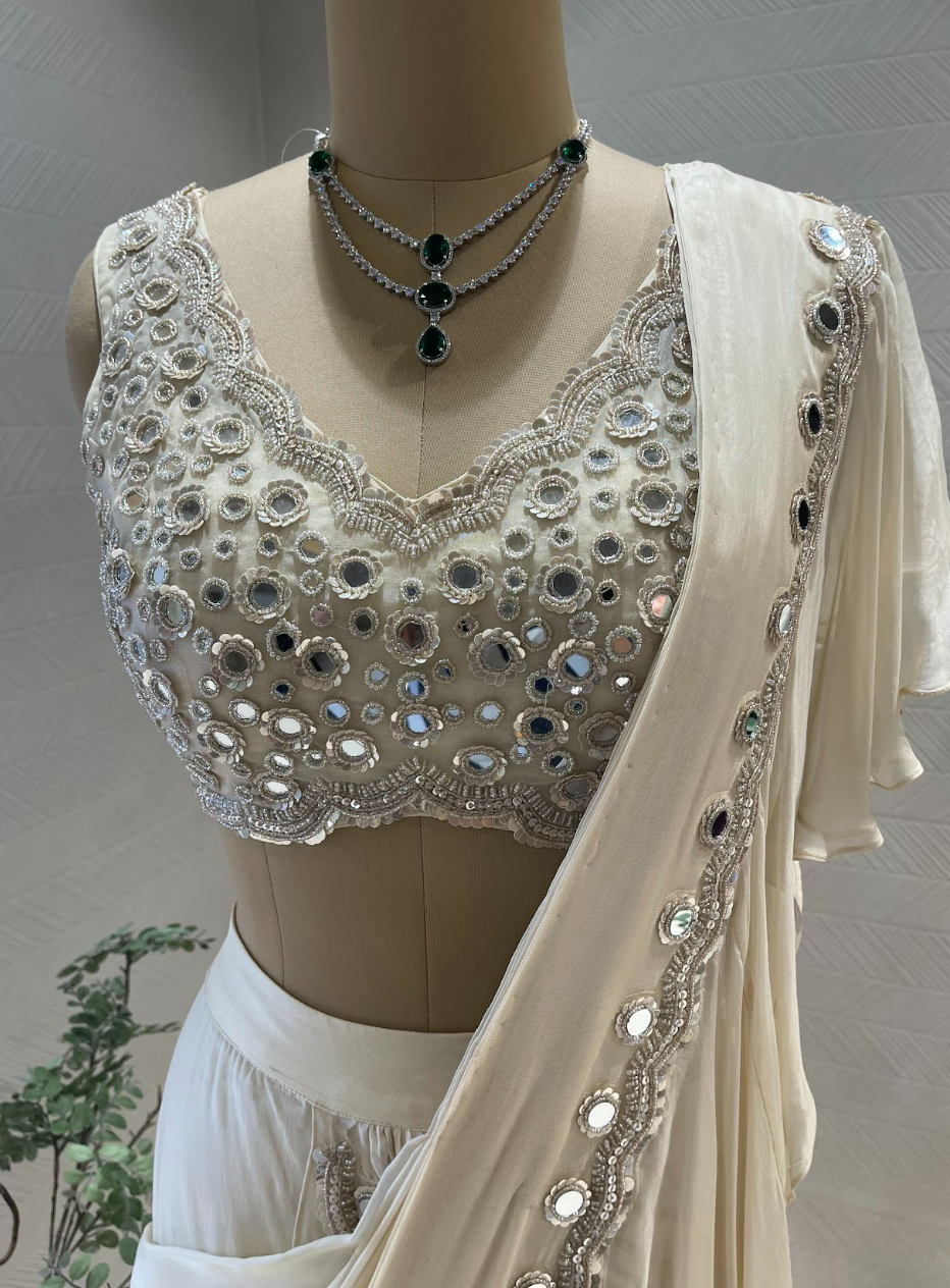 Ivory Mirror Work Ruffle Saree