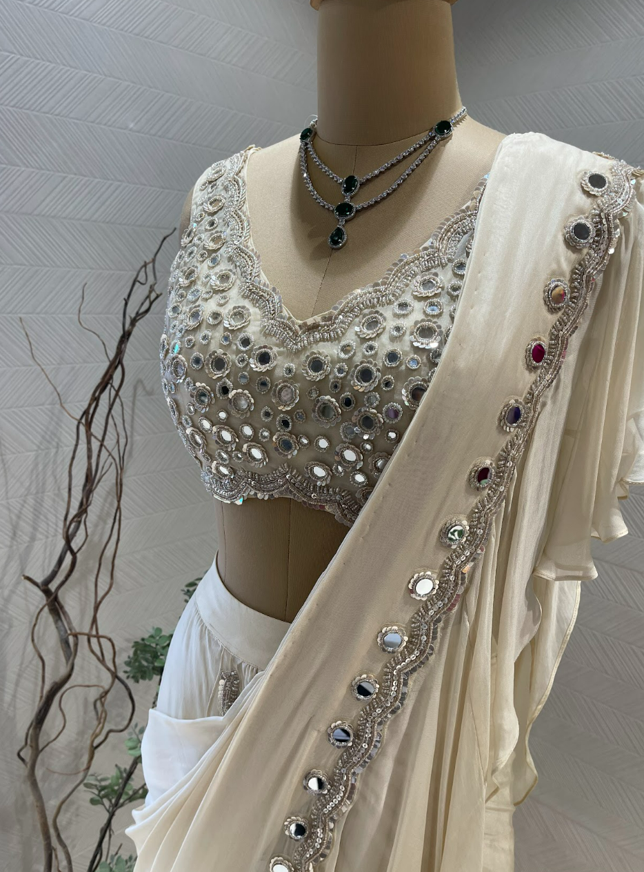 Ivory Mirror Work Ruffle Saree