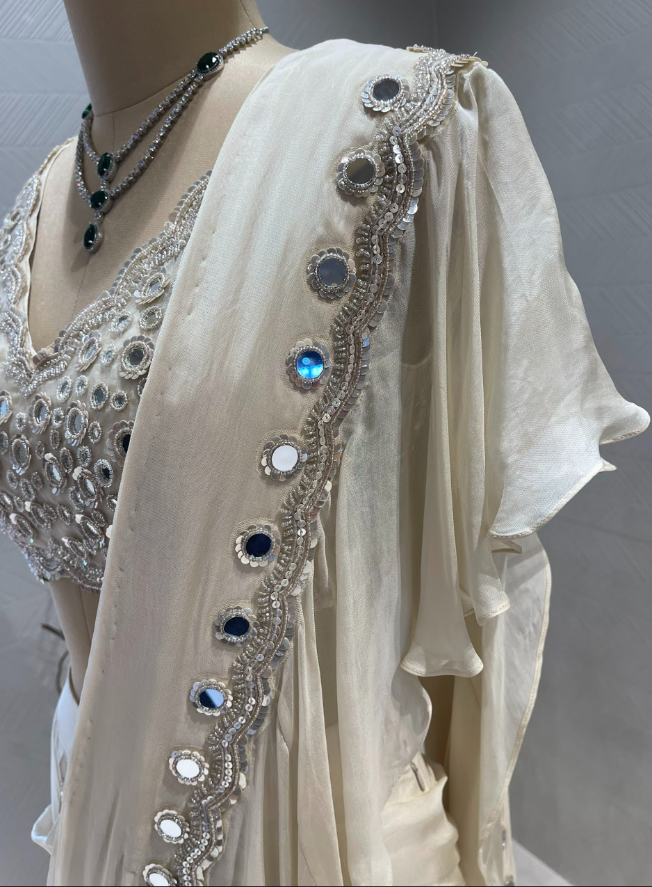 Ivory Mirror Work Ruffle Saree