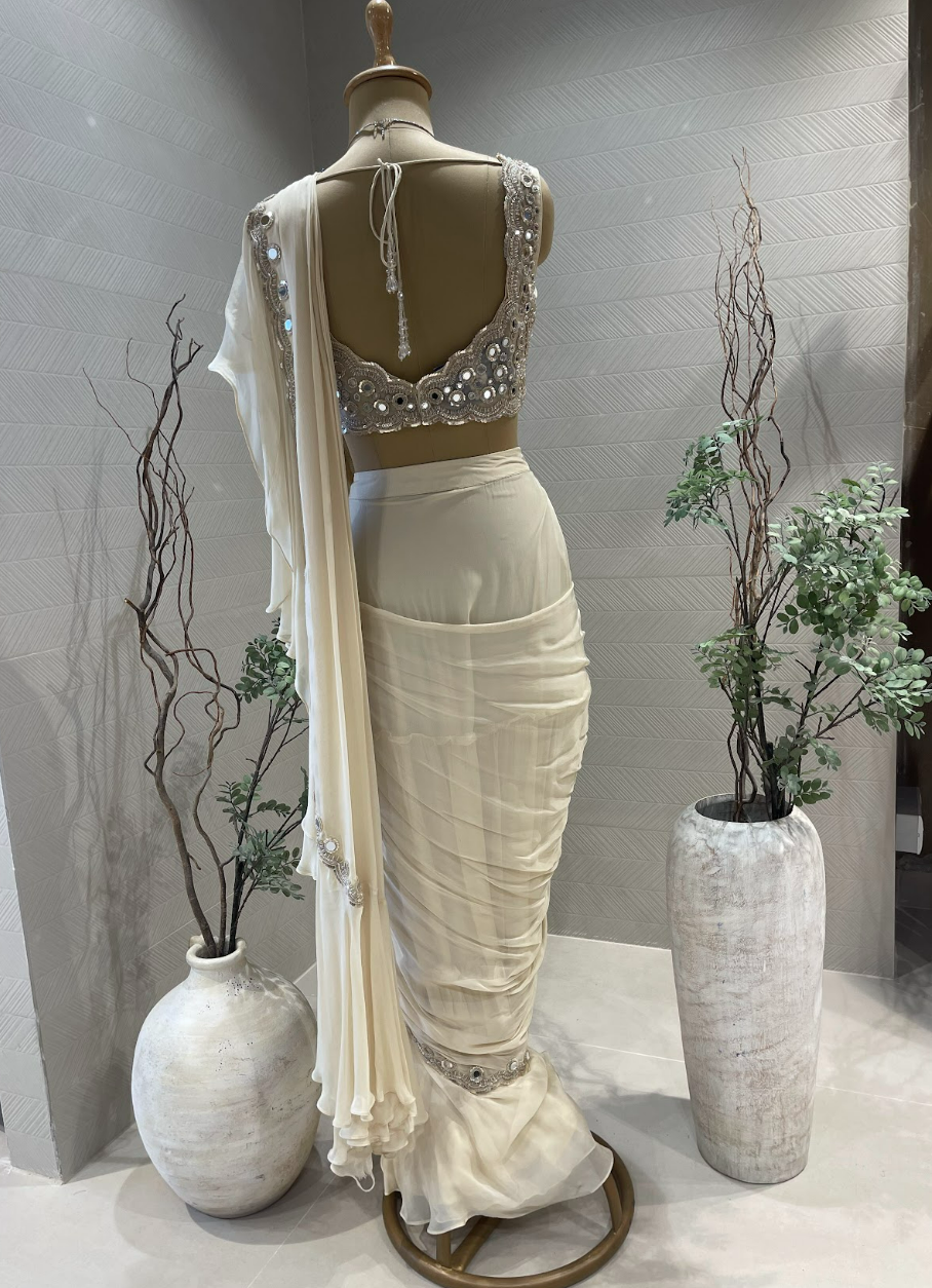 Ivory Mirror Work Ruffle Saree