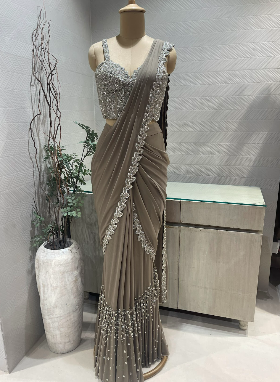 Grey and Silver Georgette Pre Draped Saree with Embellished Corset