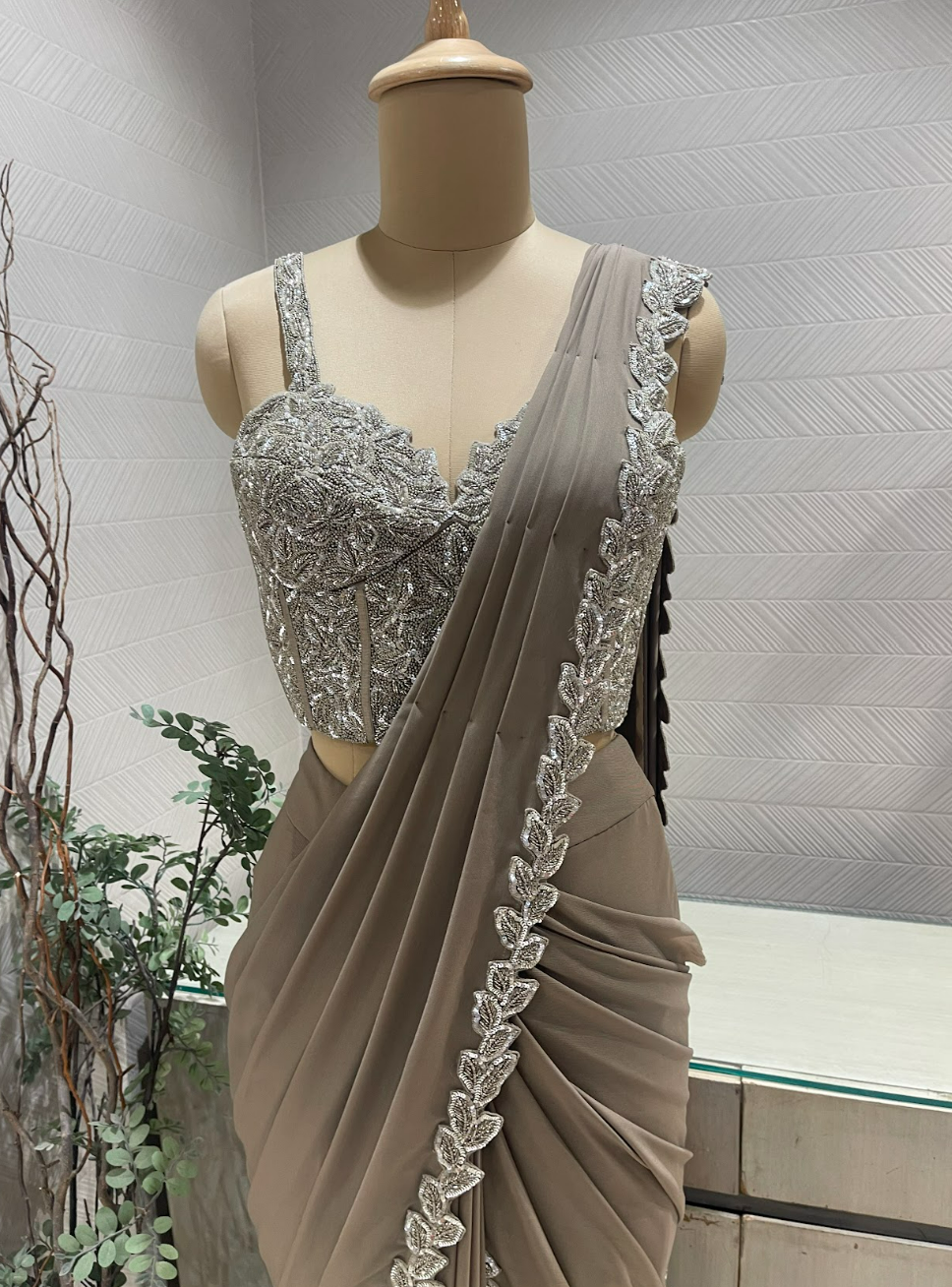 Grey and Silver Georgette Pre Draped Saree with Embellished Corset