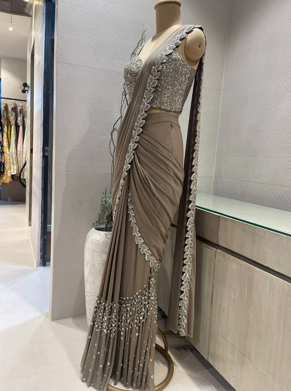 Grey and Silver Georgette Pre Draped Saree with Embellished Corset