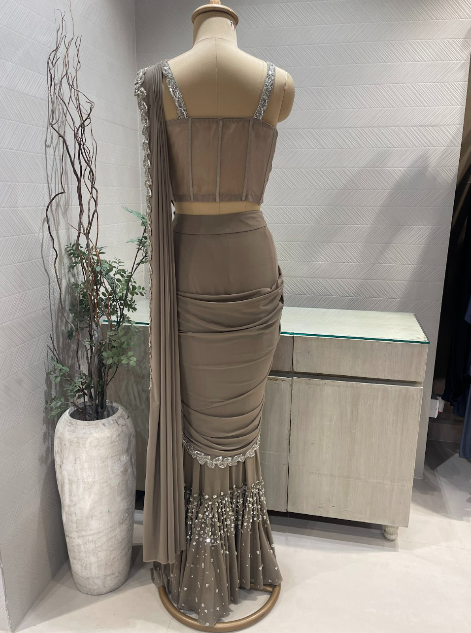Grey and Silver Georgette Pre Draped Saree with Embellished Corset