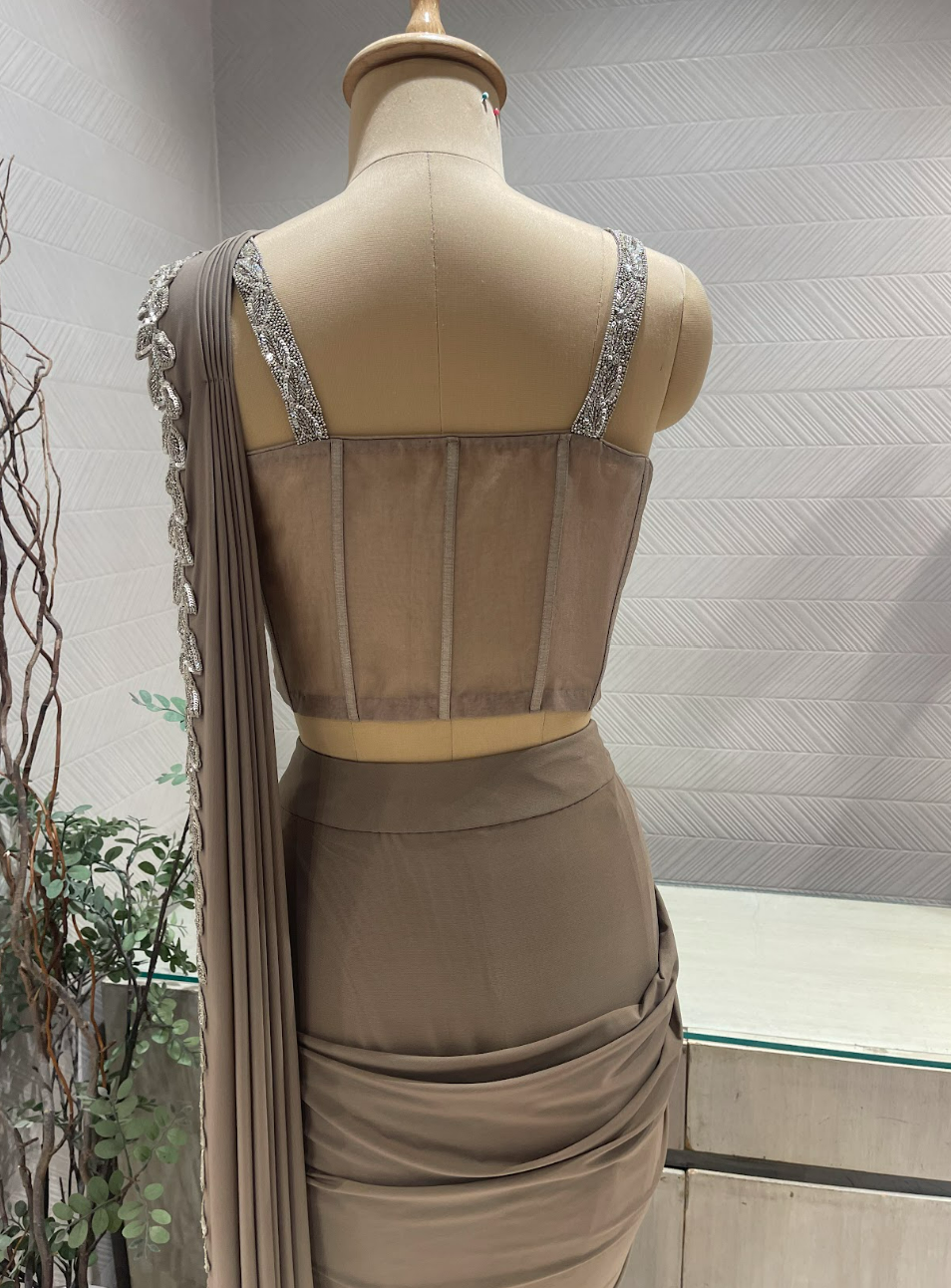 Grey and Silver Georgette Pre Draped Saree with Embellished Corset