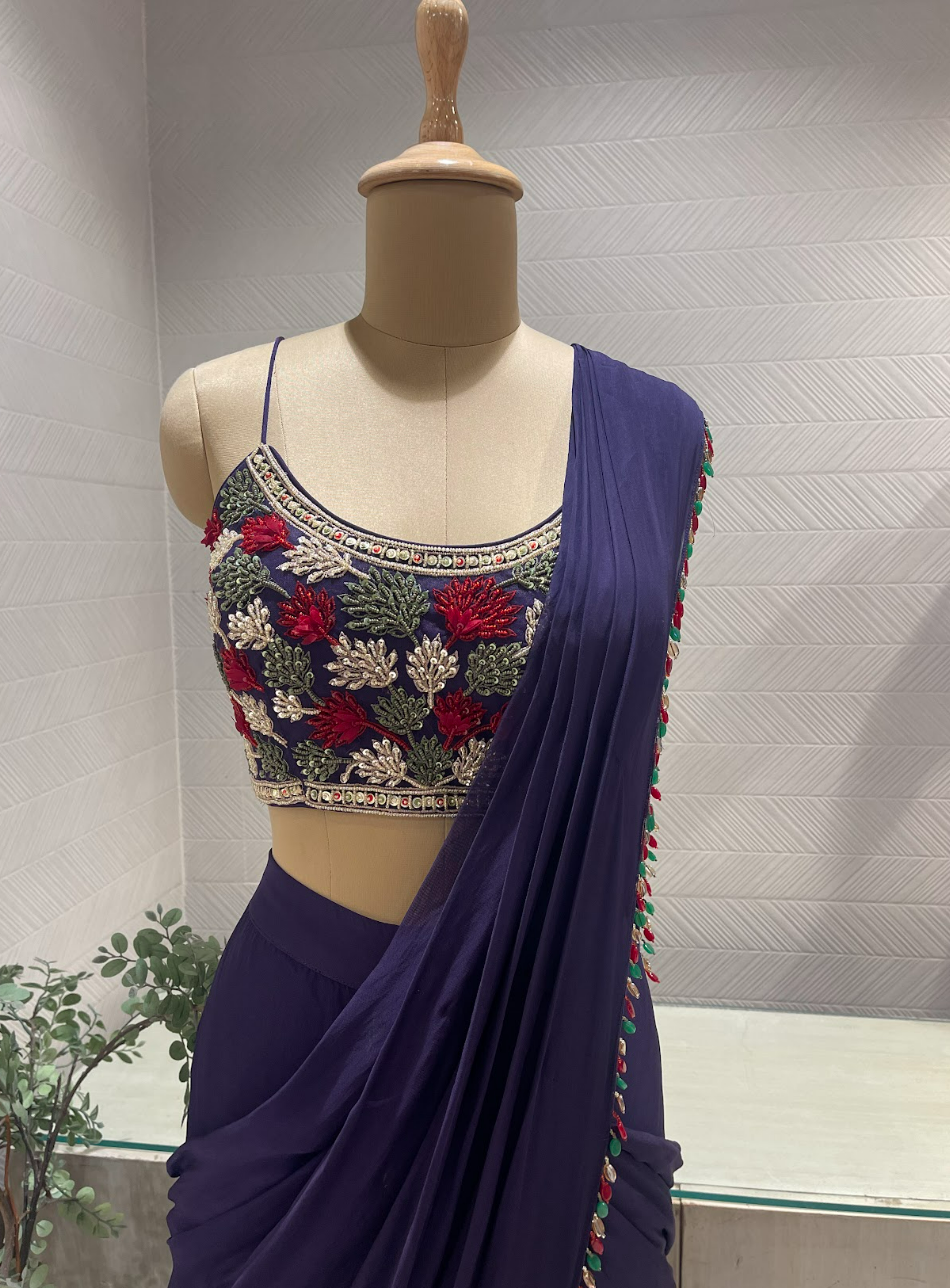 Deep Purple Pre Stitched Saree