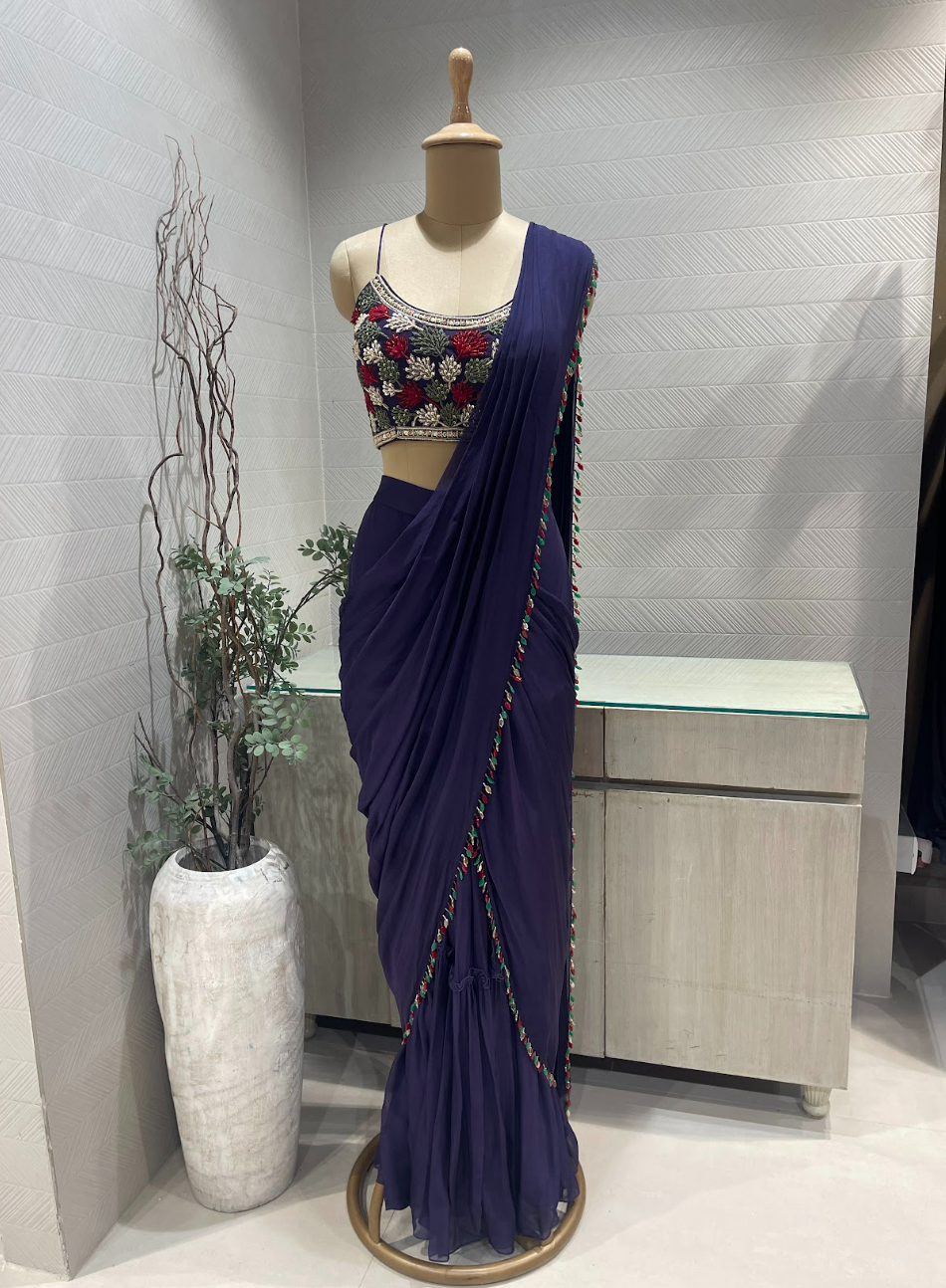 Deep Purple Pre Stitched Saree