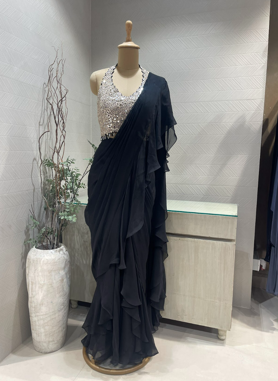 Black Mirrorwork Halter Saree