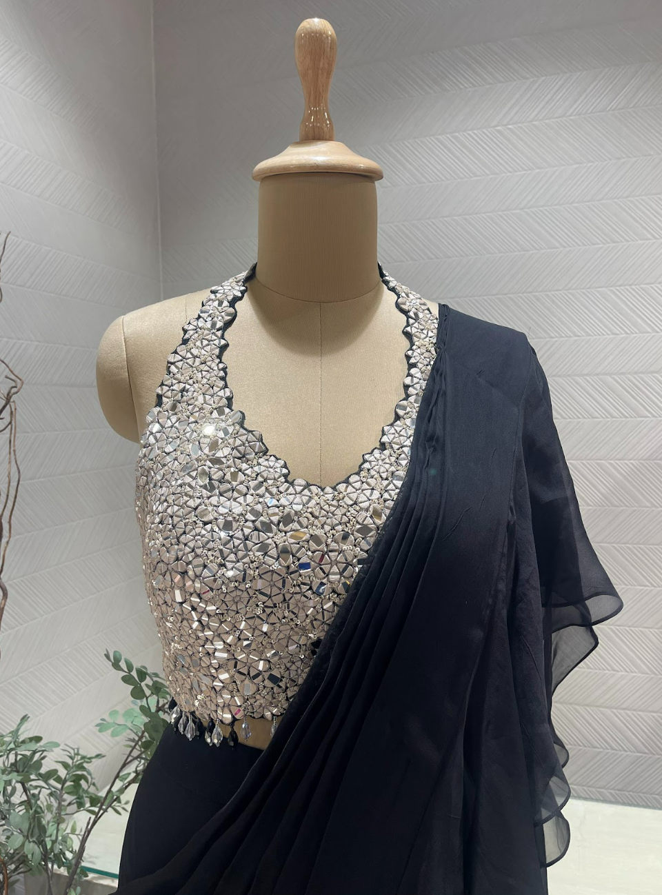 Black Mirrorwork Halter Saree