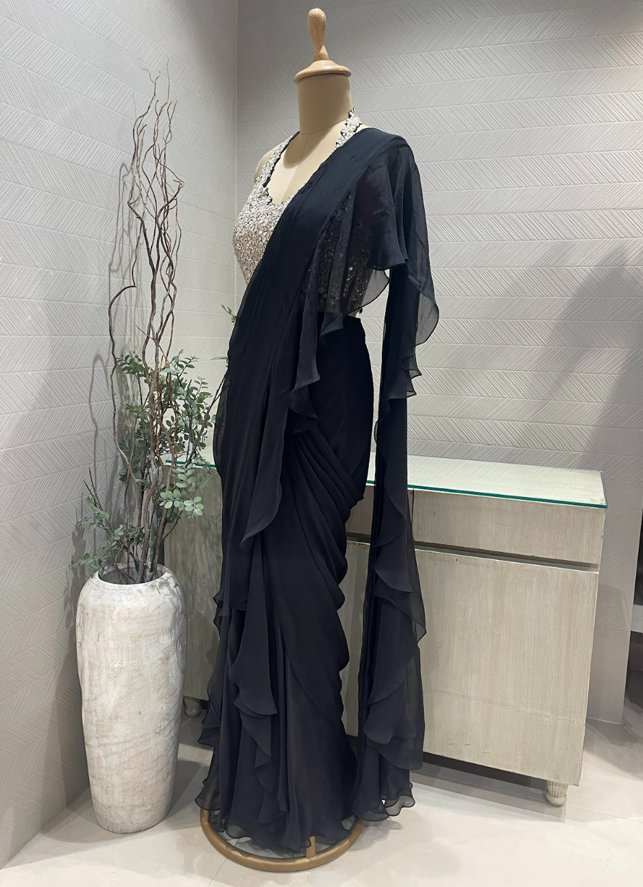 Black Mirrorwork Halter Saree