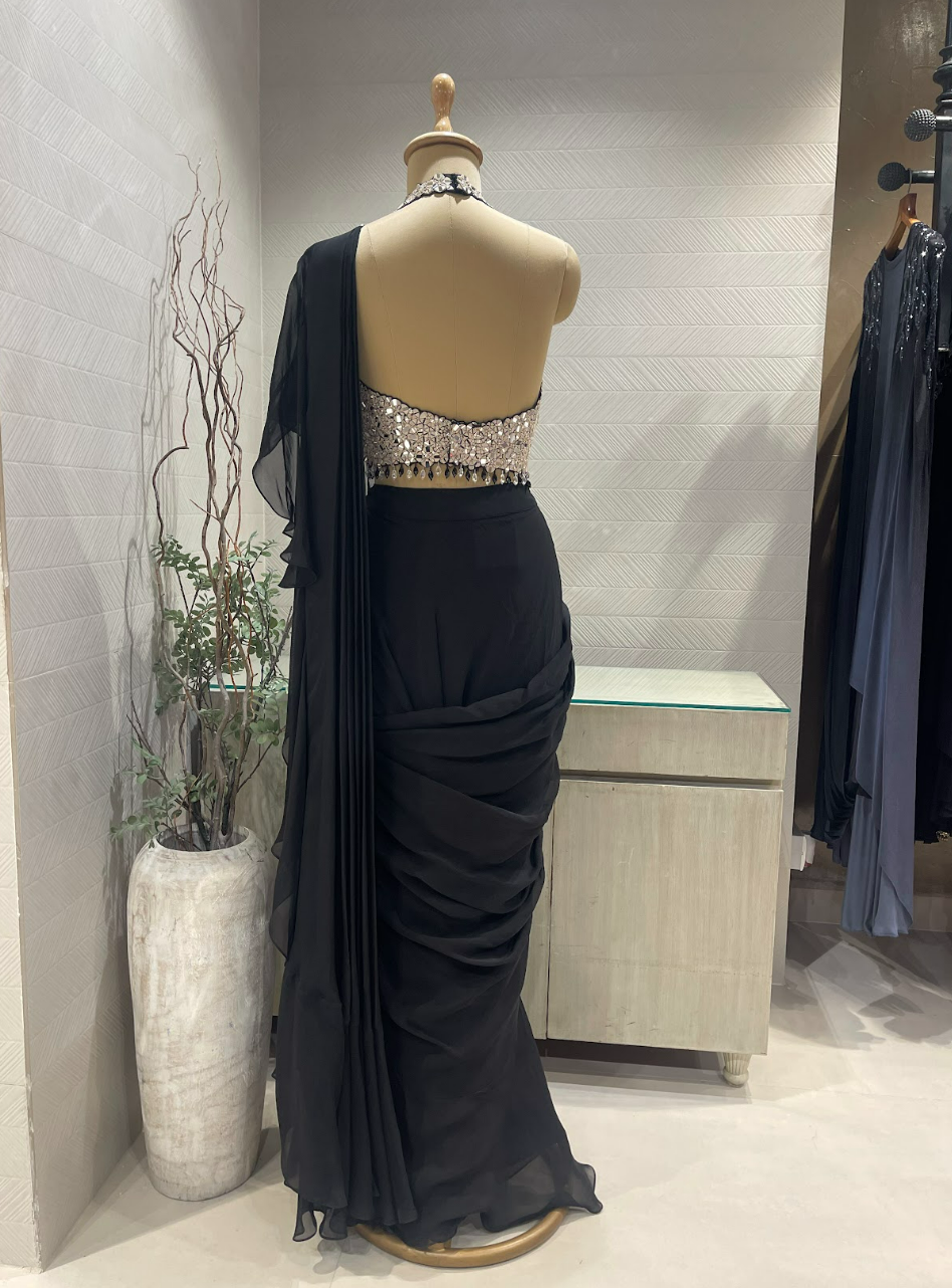 Black Mirrorwork Halter Saree