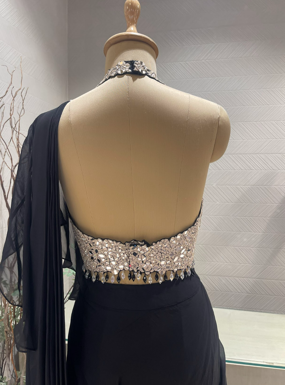 Black Mirrorwork Halter Saree