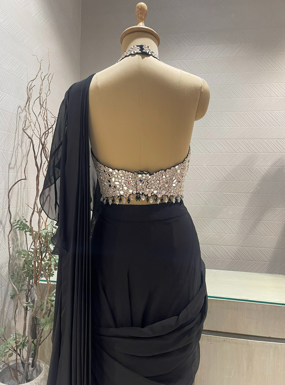 Black Mirrorwork Halter Saree