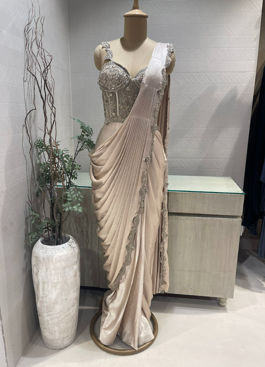 Champagne Gold Satin Draped Gown With Embellished Corset