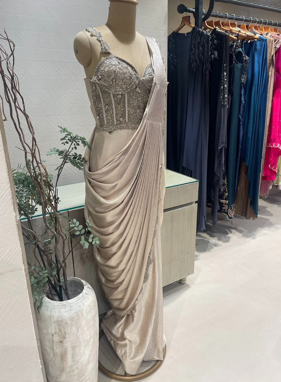 Champagne Gold Satin Draped Gown With Embellished Corset