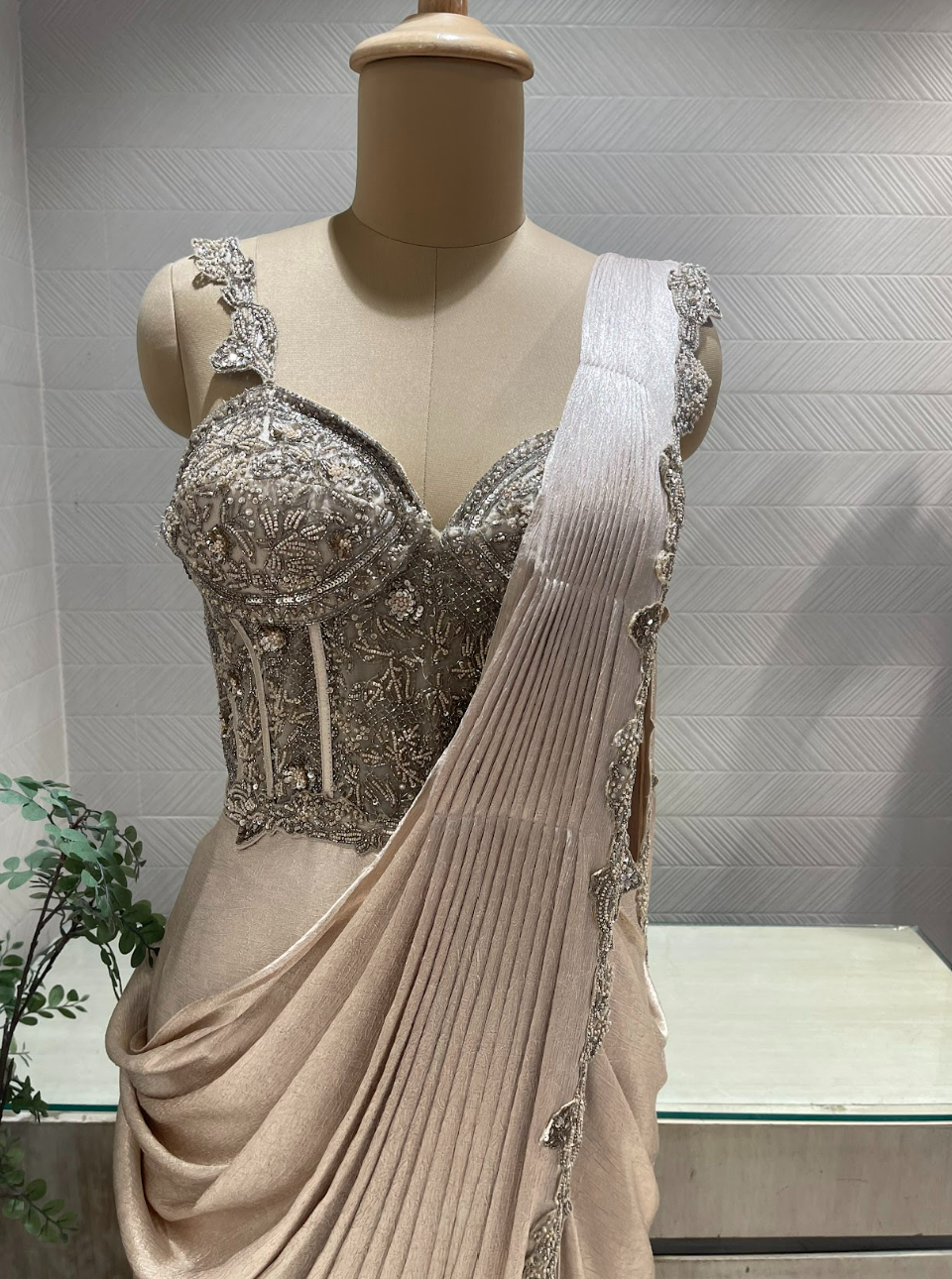 Champagne Gold Satin Draped Gown With Embellished Corset