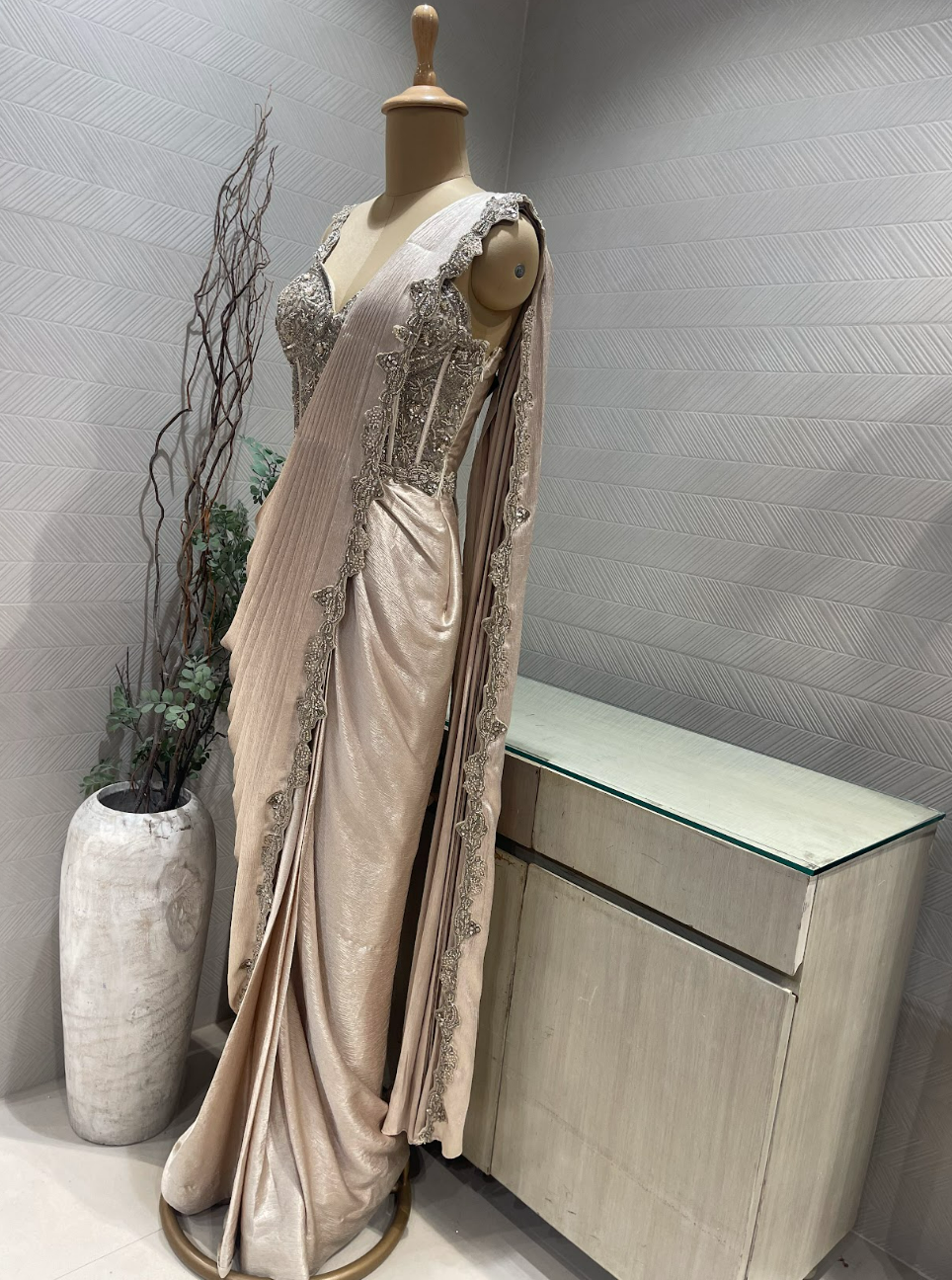 Champagne Gold Satin Draped Gown With Embellished Corset