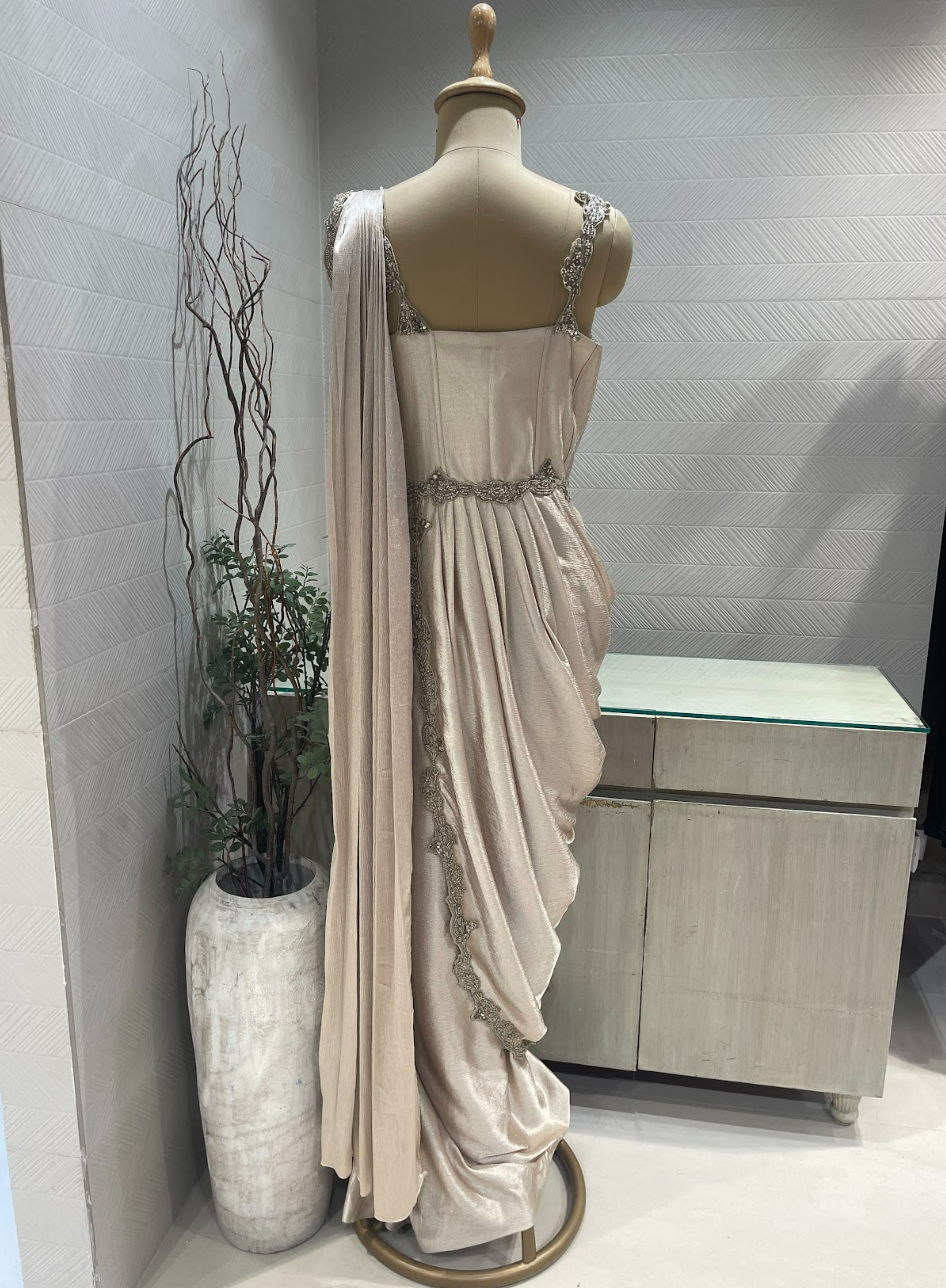 Champagne Gold Satin Draped Gown With Embellished Corset