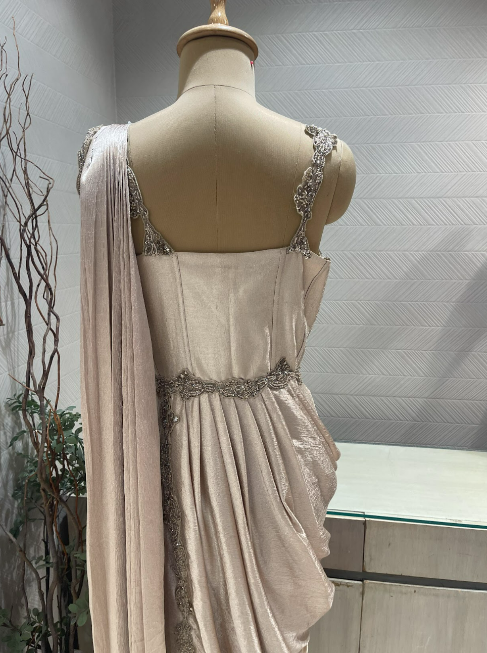 Champagne Gold Satin Draped Gown With Embellished Corset
