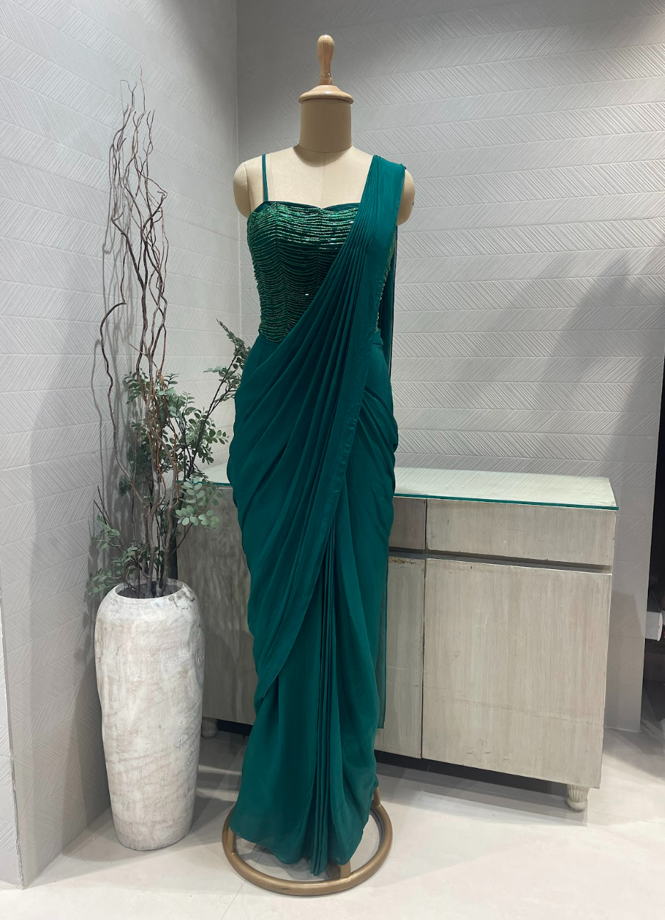 Emerald Green Satin Organza Pre Draped Saree with Tassle Blouse