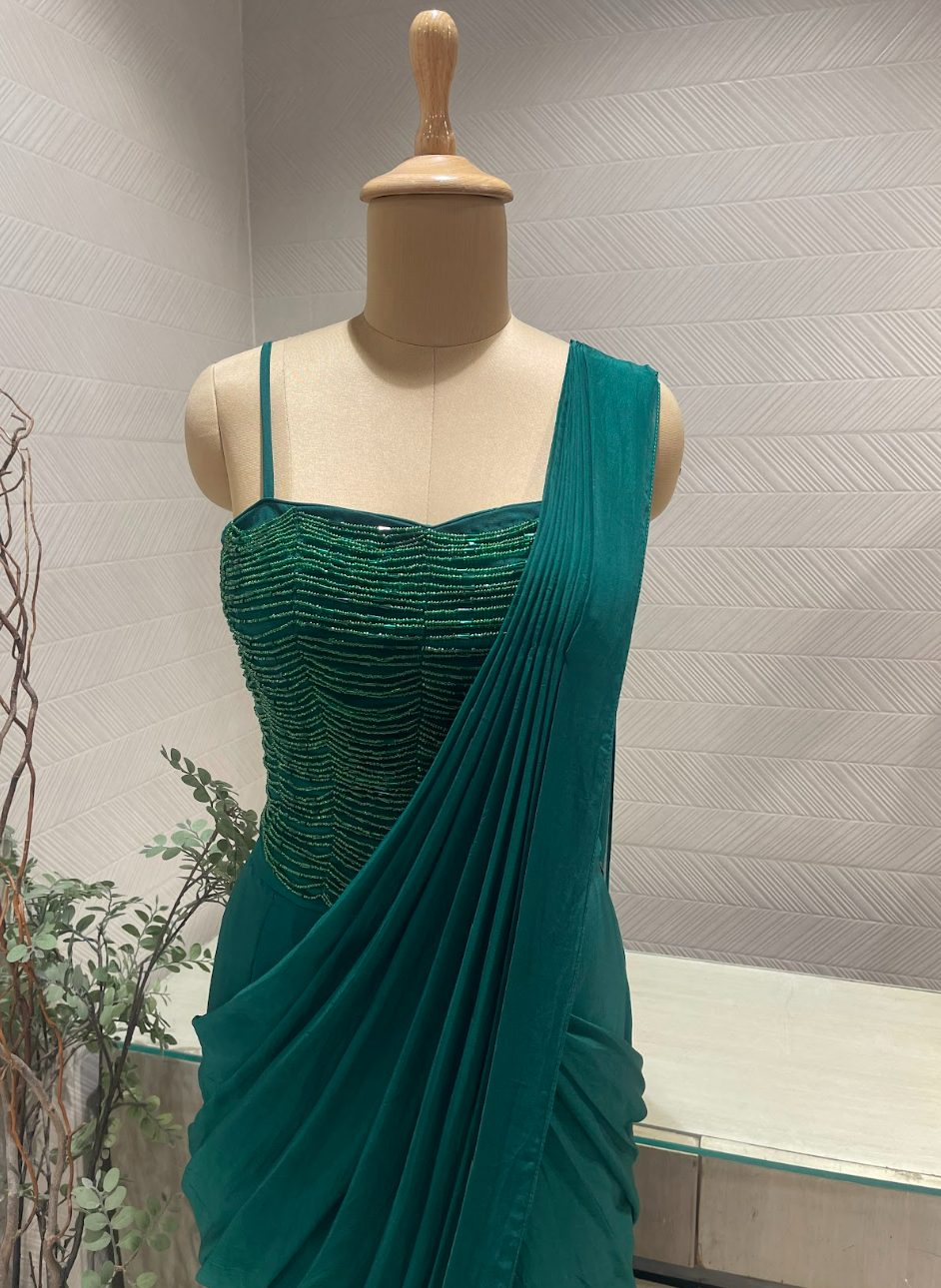 Emerald Green Satin Organza Pre Draped Saree with Tassle Blouse