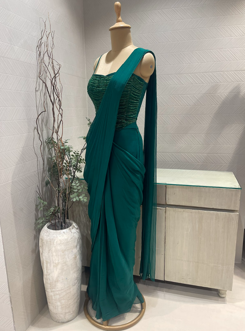Emerald Green Satin Organza Pre Draped Saree with Tassle Blouse