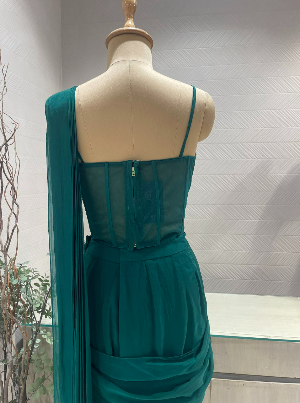 Emerald Green Satin Organza Pre Draped Saree with Tassle Blouse