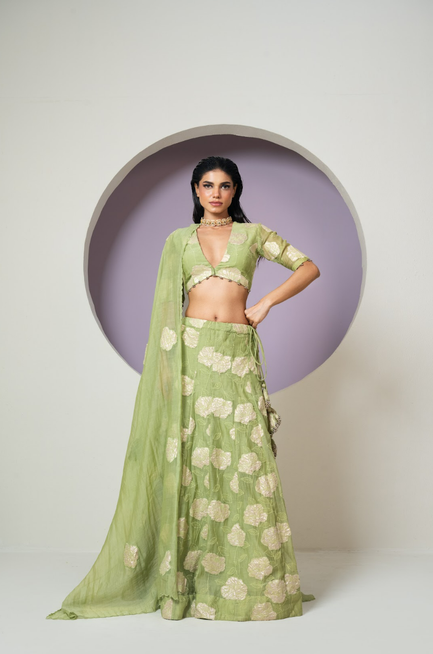 Mul Chanderi Applique work Lehenga