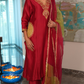 Red chanderi suit with pockets