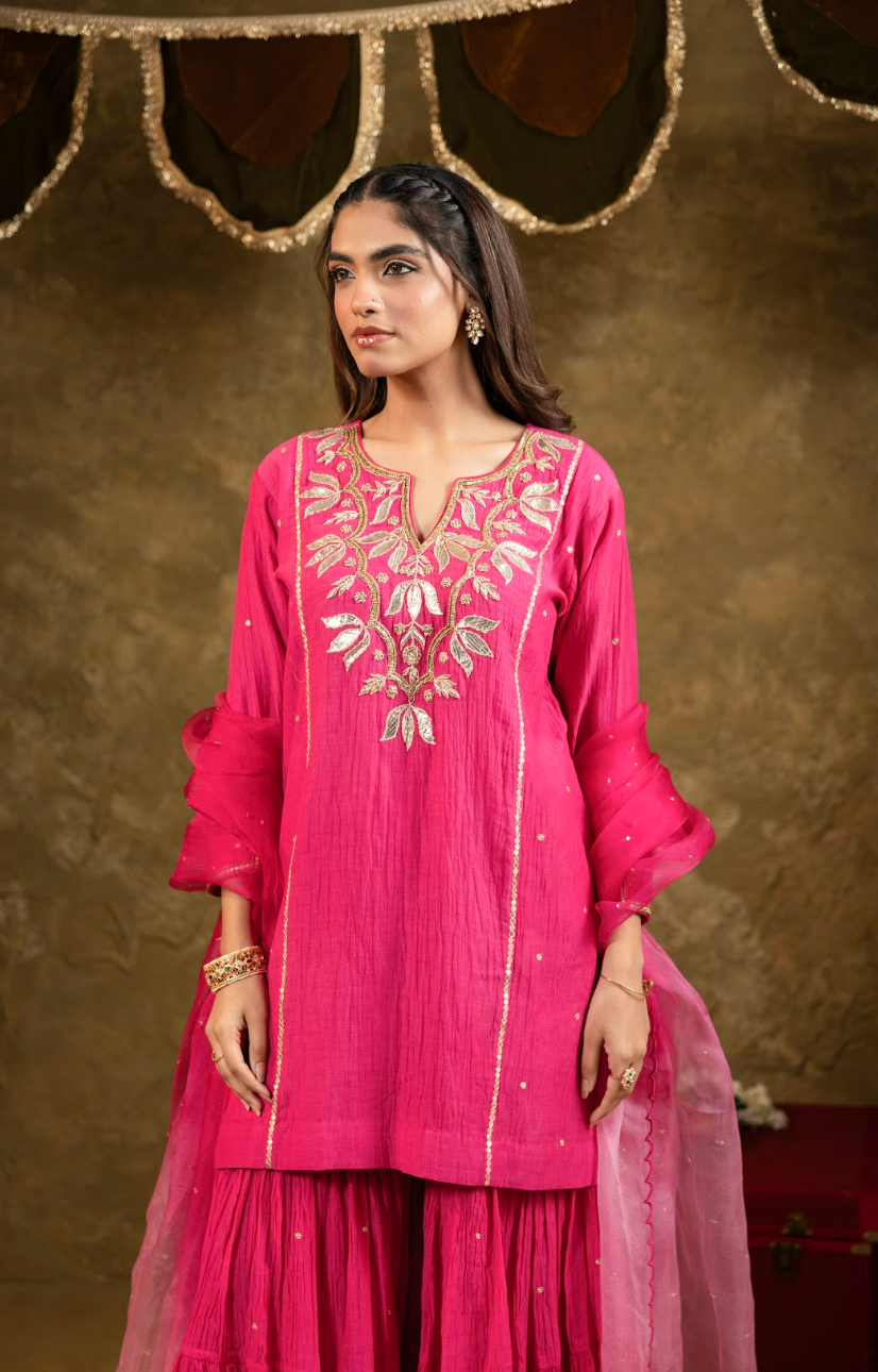 Pink Kamal Lappa Sharara Set