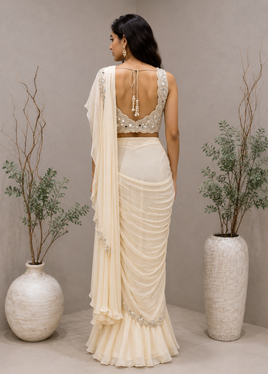 Ivory Mirror Work Ruffle Saree