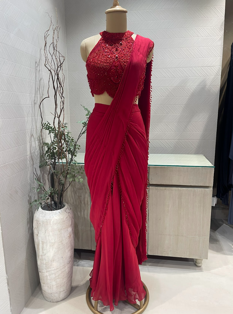 Scarlett Red beadwork Pre draped Saree