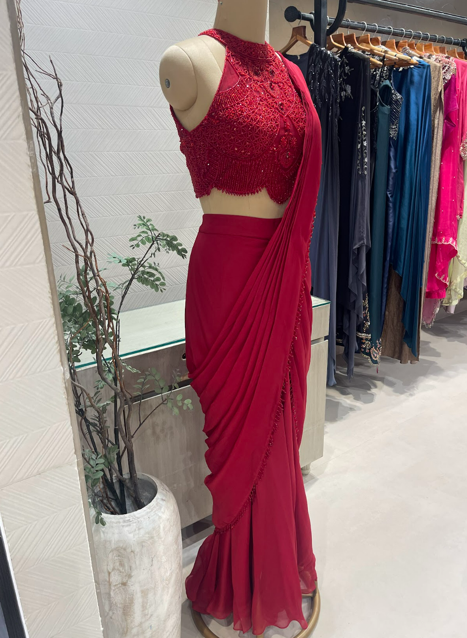 Scarlett Red beadwork Pre draped Saree