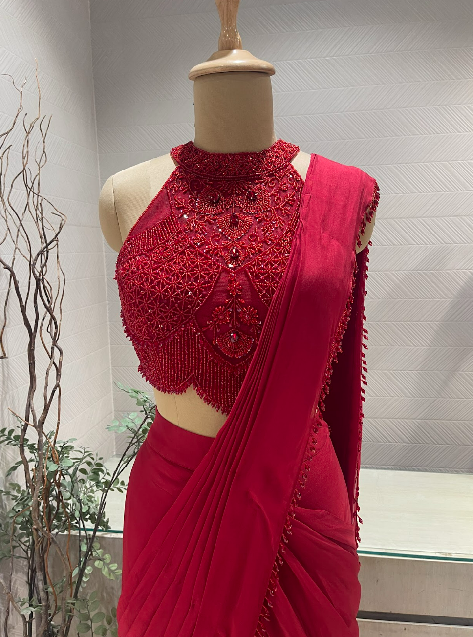 Scarlett Red beadwork Pre draped Saree