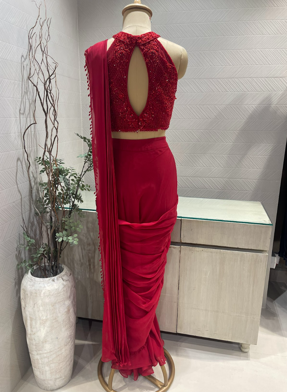 Scarlett Red beadwork Pre draped Saree