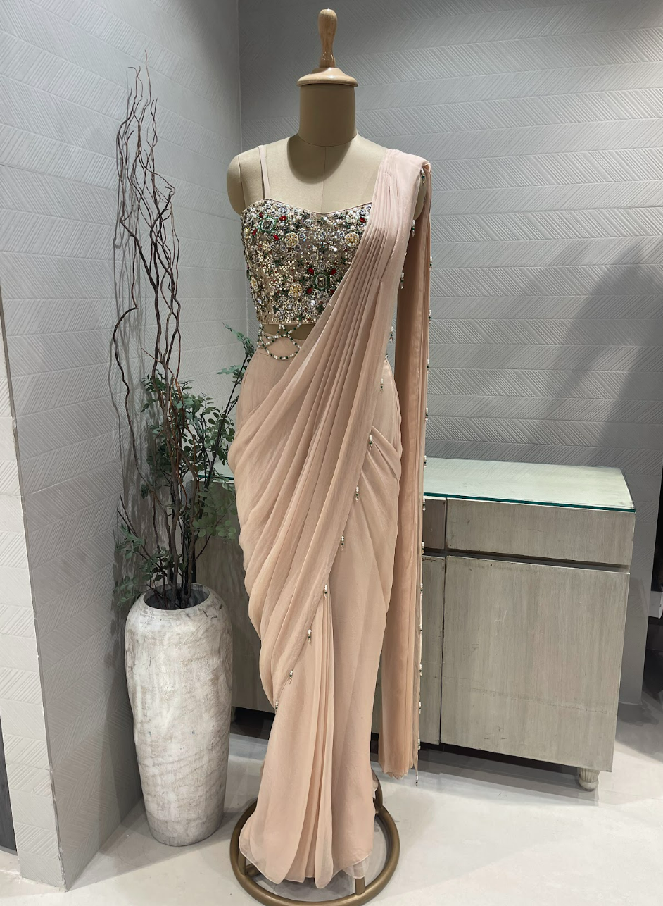 Dusty Pink Satin Organza Pre Draped Saree with Jewel Blouse