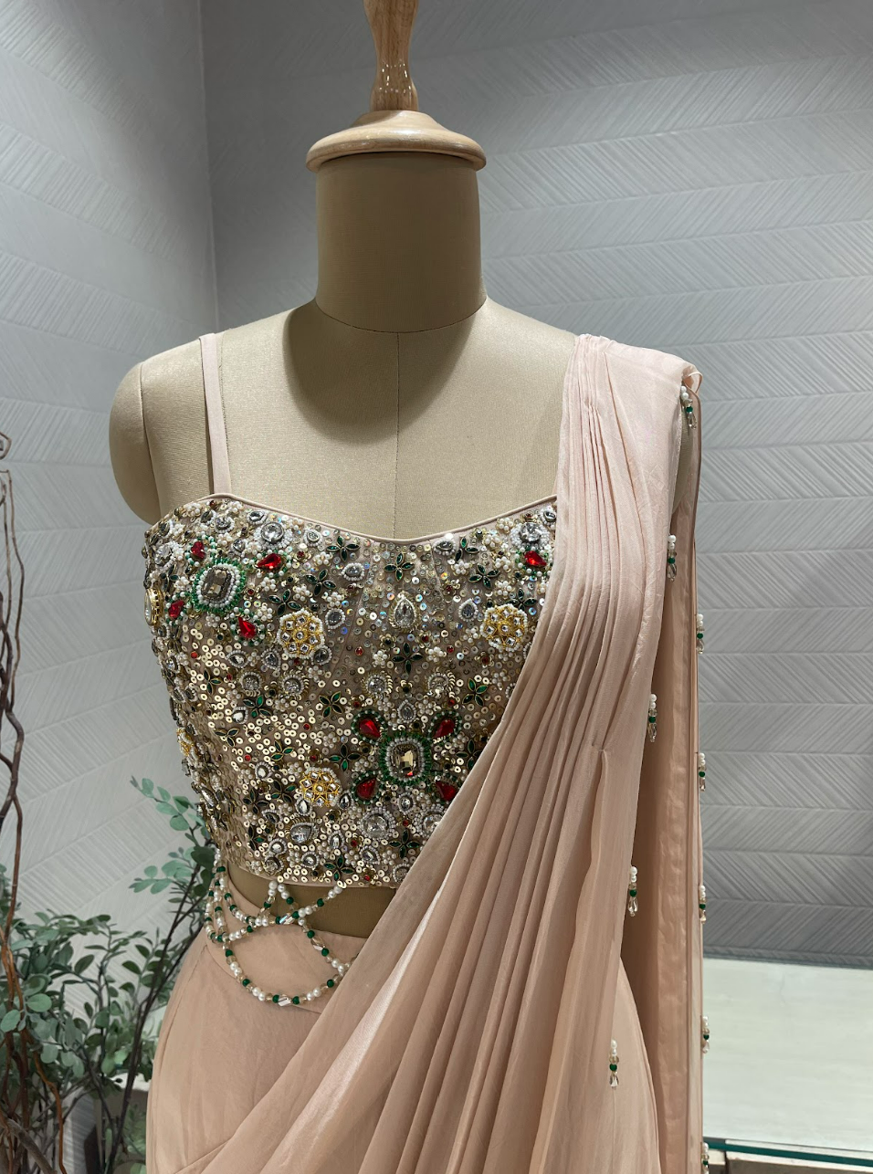 Dusty Pink Satin Organza Pre Draped Saree with Jewel Blouse