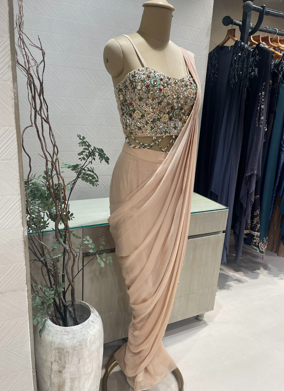 Dusty Pink Satin Organza Pre Draped Saree with Jewel Blouse