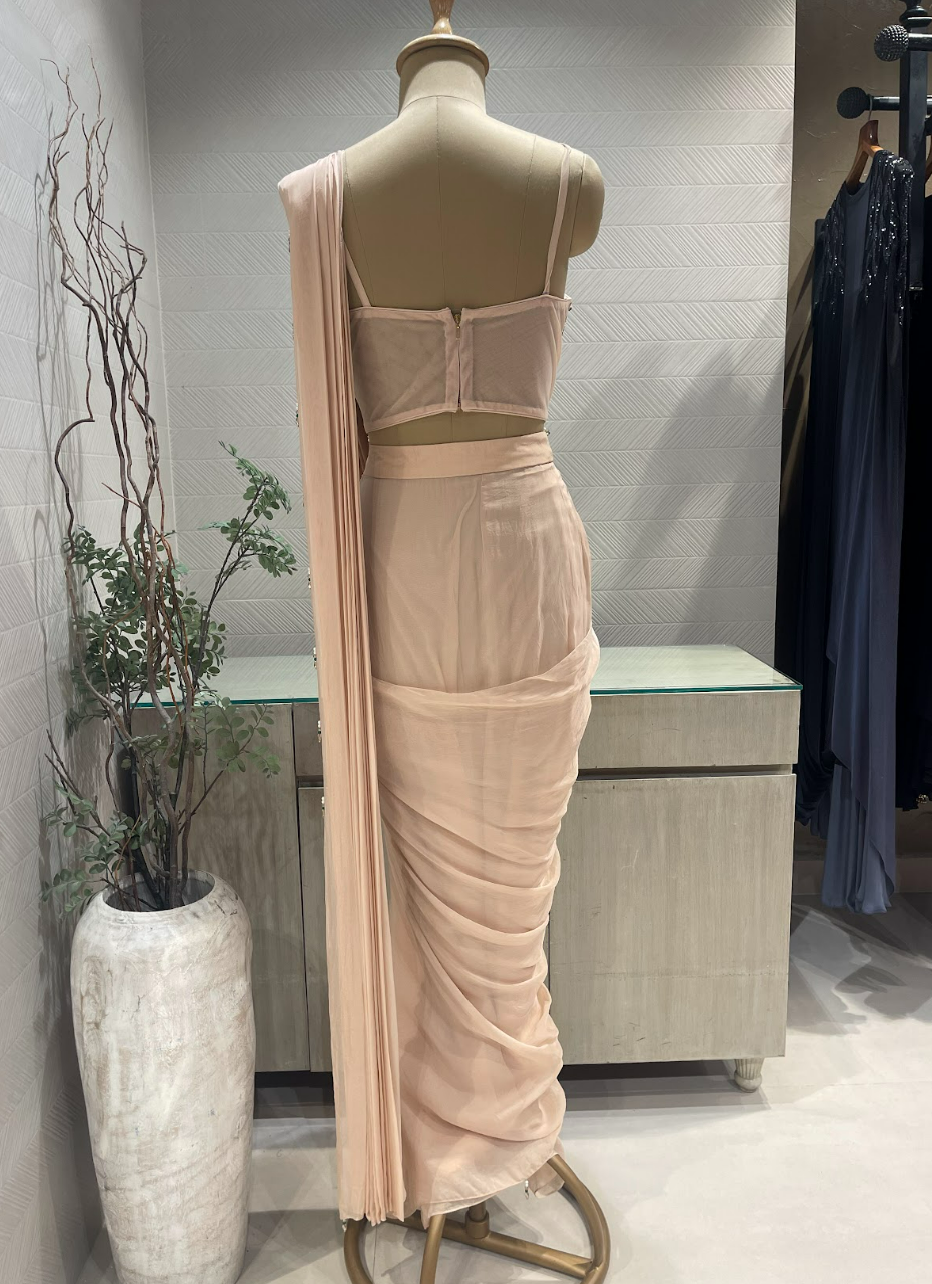 Dusty Pink Satin Organza Pre Draped Saree with Jewel Blouse